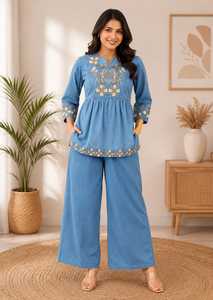 Twinfeet Women's Premium Traditional Denim Co-Ord Set with Designer Embroidery Work <b>for</b> Party Wedding & Spring/<b>Summer</b> Occasions - Product Image 2