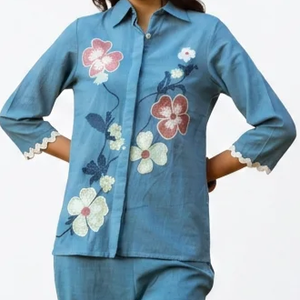 Blue Linen Cotton Embroidered Floral Shirt and <b>Trousers</b> Set for Women with Turn-<b>down</b> Collar and Three Quarter Sleeve Casual Wear - Product Image 4