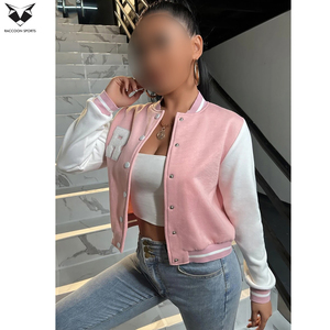 2026 Pink White Varsity <b>Jackets</b> Women Full Sleeve Turn Down Collar Button Closure Autumn Wear Solid Color Short Length - Product Image 5