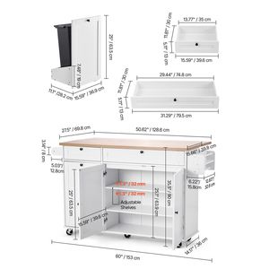 Carrello da Cucina Mobile Largo 60 Pollici con Cassetti, Contenitore per Rifiuti, Portacoltelli, Carrello da Cucina Mobile a 2 Piani con Ripiano Ribaltabile - Product Image 4
