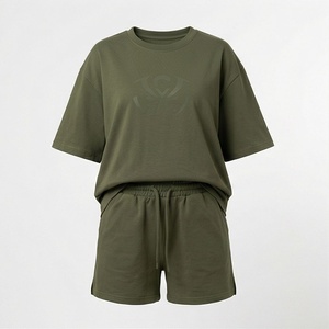 2 Piece High Quality Formal Solid Above Knee Home Wear Suit Short Sleeve T Shirt and Shorts <b>Twin</b> <b>Set</b> for Women - Product Image 1