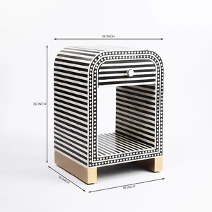 Modern Black White Striped <b>Side</b> Table With <b>Drawer</b> And Open Shelf Living Room Furniture Contemporary Design Gold Legs - Product Image 2