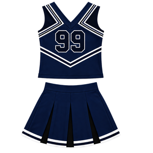 Ensemble d'uniforme de cheerleading bleu marine, noir et blanc, avec crop top sans manches à col en V et jupe plissée, pour spectacle de danse et équipe de cheerleading - Product Image 2