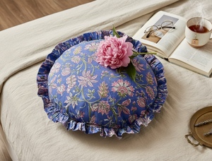 Indian Handmade Floral Print <b>Round</b> <b>Cushion</b> Cover with Frills Designer Decor for Home Hotels Events Low MOQ Customizable - Product Image 2