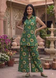 Ensembles coordonnés élégants en coton tissé écologique avec imprimé floral, tissu confortable pour les tenues décontractées et de resort des femmes modernes - Product Image 4