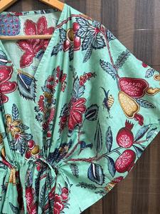 Women Mint Floral Bird Print 100% Cotton Breathable <b>Kaftan</b> Dress Handmade Regular Fit Boho <b>Summer</b> Daily Resort Wear - Product Image 2