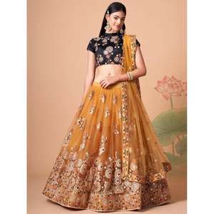 Delightful Gold Mirror Work Net Ropa DE BODA Lehenga Choli - Product Image 2