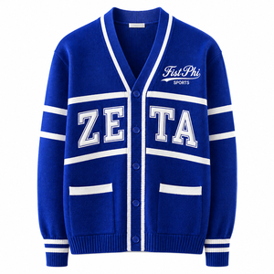 Suéter Cárdigan Varsity Personalizado ZPB Chenille Azul Rey y Blanco, Cárdigan de Punto con Letras, Cárdigan Universitario HBCU Griego - Product Image 6