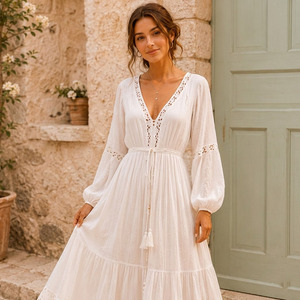 Vestido Maxi Boho de Encaje Blanco para Mujer, Algodón Voile Tejido, Transpirable, Antipilling, Vestido Elegante de Verano - Product Image 4