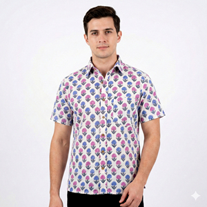Chemise décontractée pour homme à manches courtes en popeline à imprimé floral d'été, col rabattu, respirante, 100% coton - Product Image 1