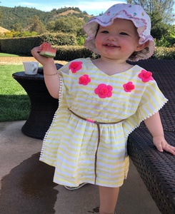 Amazing Mummy & Me <b>Matching</b> Perfect Fit White & Yellow Striped Summer Outfit Decorated With Floral Embroidered & Pom Pom Trim - Product Image 5
