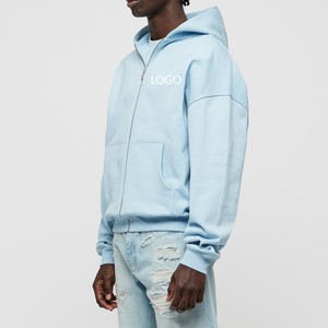 เสื้อฮู้ดดี้สีฟ้าอ่อนแบบซิปเต็มตัว ผ้าฝ้ายฟลีซ ทรงโอเวอร์ไซส์ สตรีทแวร์ ไหล่ตก พิมพ์โลโก้ตามสั่ง เสื้อฮู้ดดี้เนื้อหนา พิมพ์ลายนูน 3 มิติ - Product Image 2