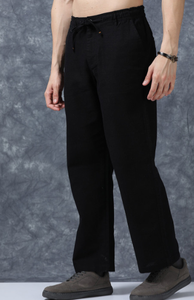 Premium Cotton <b>Trousers</b> For Men Black Solid Relaxed Fit Mid Rise Regular Pants <b>With</b> <b>Elasticated</b> <b>Waistband</b> And Drawstring Closure - Product Image 1