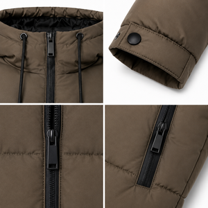 Blouson matelassé à capuche pour homme avec patch personnalisé, construction matelassée large, fermeture éclair contrastante sur le devant, poignets à boutons-pression, streetwear d'hiver - Product Image 4