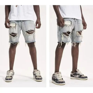 Pantalones Cortos de Mezclilla Negros para Hombre, Estilo Destroyed, con Agujeros, Dobladillo Deshilachado, Casuales, para Verano, Estilo Urbano - Product Image 2