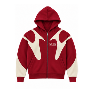 Red Contrast Panel <b>Zip</b> Up <b>Hoodie</b> Men Streetwear Full Zipper Long Sleeve Custom Casual Fleece Hooded Sweatshirt With <b>Pockets</b> - Product Image 1