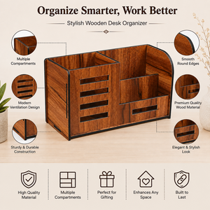 Organisateur de bureau moderne en bois avec support pour stylos et support pour téléphone portable, boîte de rangement multifonctionnelle pour bureau, table d'étude et bureaux à domicile ! - Product Image 4