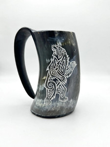 Mug en corne de buffle naturel de qualité supérieure, style antique, avec gravure de navire complexe, fait main, pour boire - Product Image 1