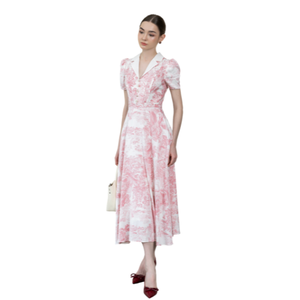 Vestido Midi Romántico con Estampado Floral Rosa, Cuello Solapa, Mangas Abullonadas, Cintura Ajustada y Falda Acampanada, Vestido de Fiesta para Mujer, Mejor Precio - Product Image 1