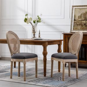 Ensemble de 2 chaises de salle à manger de style campagnard français, chaise en tissu vintage de style farmhouse avec pieds et dossier en bois massif, rembourrées en rotin - Product Image 1