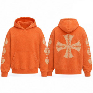 Sudadera con Capucha Naranja para Hombre, Oversize, Casual, de Punto, Poliéster, Felpa Francesa, con Bolsillo Trasero y Estampado Cruzado, para Otoño - Product Image 1