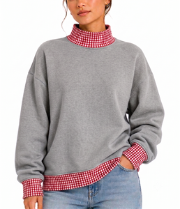 Custom Made Wholesale Women's Grey <b>Red</b> White Gingham 100% Cotton Oversized Mock Neck Sweatshirt High Quality Everyday Pullover - Product Image 1