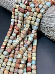 ลูกปัดหินแจสเปอร์เดนทริกธรรมชาติ รูปทรงลูกบาศก์เหลี่ยมเพชรพลอย สีฟ้าอ่อน เบจ น้ำตาล แดง พลอยคุณภาพสูง - Product Image 2