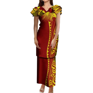 Conjunto de Dos Piezas Puletasi Samoano con Estampado Tribal Polinesio y Volantes en Capas, Vestido Personalizado de Talla Grande para Mujer con Cuello en V - Product Image 1