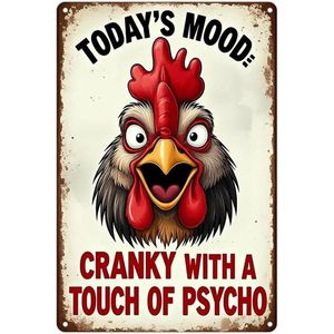 Targa in Latta Rustica con Decorazione a Gallo per Casa, Fattoria, Pollaio - Stile 'Umore Cranky' e 'Mood Psichico' - Placche con Scritte 'Umore di Oggi', 'Tocco Cranky', 'Psico' - Product Image 1