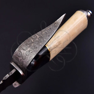 Cuchillo de Caza Bowie de Acero de Damasco, Forjado a Mano, con Mango de Cuerno de Búfalo y Hueso de Camello, para Caza y Camping, con Funda de Cuero - Product Image 5