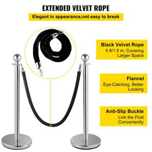 Set di 2 Pali per Controllo Folla da 1,5 m con Corda in Velluto Nero e Supporti per Striscioni Argentati - Product Image 4