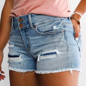 Shorts en jean déchirés taille haute pour homme, décontractés, en coton délavé, avec braguette boutonnée, couleur unie, tissu pour femme - Product Image 5