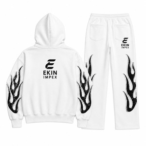 Custom White Flame Zip Up Hoodie Tracksuit Men Fleece Streetwear Jogger <b>Set</b> - Product Image 2