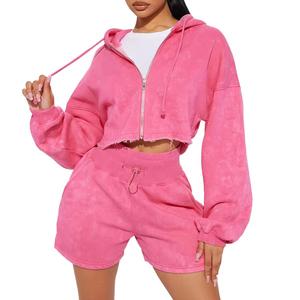 Pink Acid Wash Women Tracksuit 2 Piece Shorts Set Vintage <b>Zip</b> Up Hoodie Loose Lounge Outfit - Product Image 5