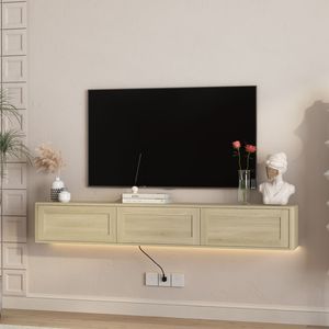 High Gloss Wall Mounted TV Stand <b>Floating</b> Wood Cabinet with LED Lights and Power Outlet for Living Room - Product Image 3