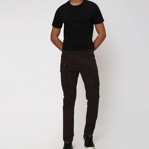 Pantalon cargo noir pour homme 100% coton toile coupe droite plusieurs poches décontracté automne taille élastique braguette boutonnée taille haute - Product Image 3