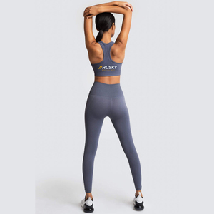 HUSKY Women's Ribbed Sports <b>Bra</b> Leggings Set <b>Blue</b> Seamless Fitness Wear Breathable Racerback Scoop Neck High Support - Product Image 4