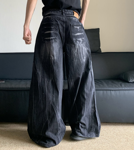 Jean en denim déchiré taille haute à jambe large pour homme, style streetwear, coupe ample, en coton, style automne - Product Image 4