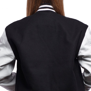 Varsity <b>Jacket</b> Unisex Black <b>White</b> Contrast Sleeve Preppy Style Regular Fit Turn-down Collar Button Closure Autumn Wear - Product Image 5