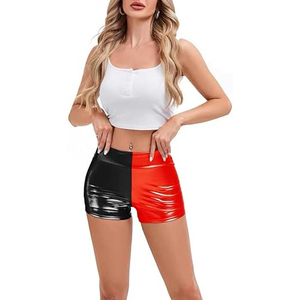 High Waist Color Blocked Shorts Women Red Black Shiny Stretchy Fabric Elastic Waist Sexy Club Wear Short Pants - Product Image 4