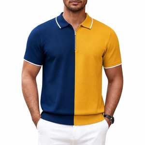 Chemise décontractée pour homme en coton Oxford tricoté, bleu et jaune, à blocs de couleur, avec poche, respirante, à manches courtes et fermeture éclair, coupe classique - Product Image 1