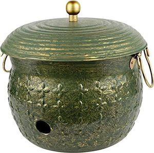 Pot de rangement pour tuyau d'arrosage en bronze antique martelé avec couvercle et anneaux latéraux, organiseur extérieur - Product Image 2