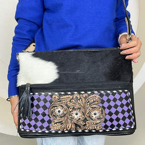 Sac fourre-tout pour femme en cuir de vachette à carreaux violet et noir, avec motif floral en cuir travaillé, grande capacité, sac de voyage - Product Image 4