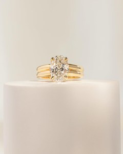 3 Carat Oval Lab Grown Diamond Solitaire Engagement <b>Ring</b>, IGI Certified Oval Diamond <b>Ring</b>, Chunky Double <b>Domed</b> Gold Band <b>Ring</b> - Product Image 2