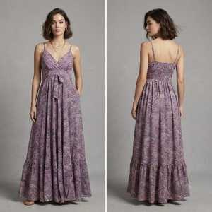 Robe longue maxi pour femme, style bohème, imprimé floral, en mélange de coton tissé, col en V, bretelles spaghetti, coupe trapèze ample, taille élastique - Product Image 2