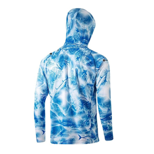 Men's Long Sleeve Hooded Fishing Shirt UPF Sun Protection Pullover <b>Top</b> with Blue Fish Pattern - Product Image 2