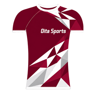Camiseta Deportiva de Compresión, Manga Corta, Color Granate y Blanco, Cuello Redondo, Diseño Geométrico, para Entrenamiento Atlético - Product Image 1