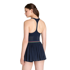 Falda de tenis azul marino para mujer, que absorbe la humedad, con cintura arcoíris y panel de malla, 100% poliéster - Product Image 3