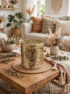Gold Mosaic <b>Glass</b> Eco-Friendly <b>Hurricane</b> Candleholder Cylindrical <b>Candle</b> Jar Handmade Decorative Lantern for Christmas Home - Product Image 1