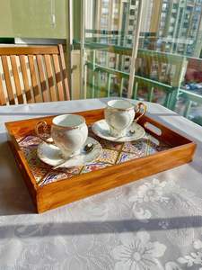 Plateaux de service en bois de style Art déco, élégants et haut de gamme, à motif végétal, de forme ovale, pour les tables de mariage - Product Image 3